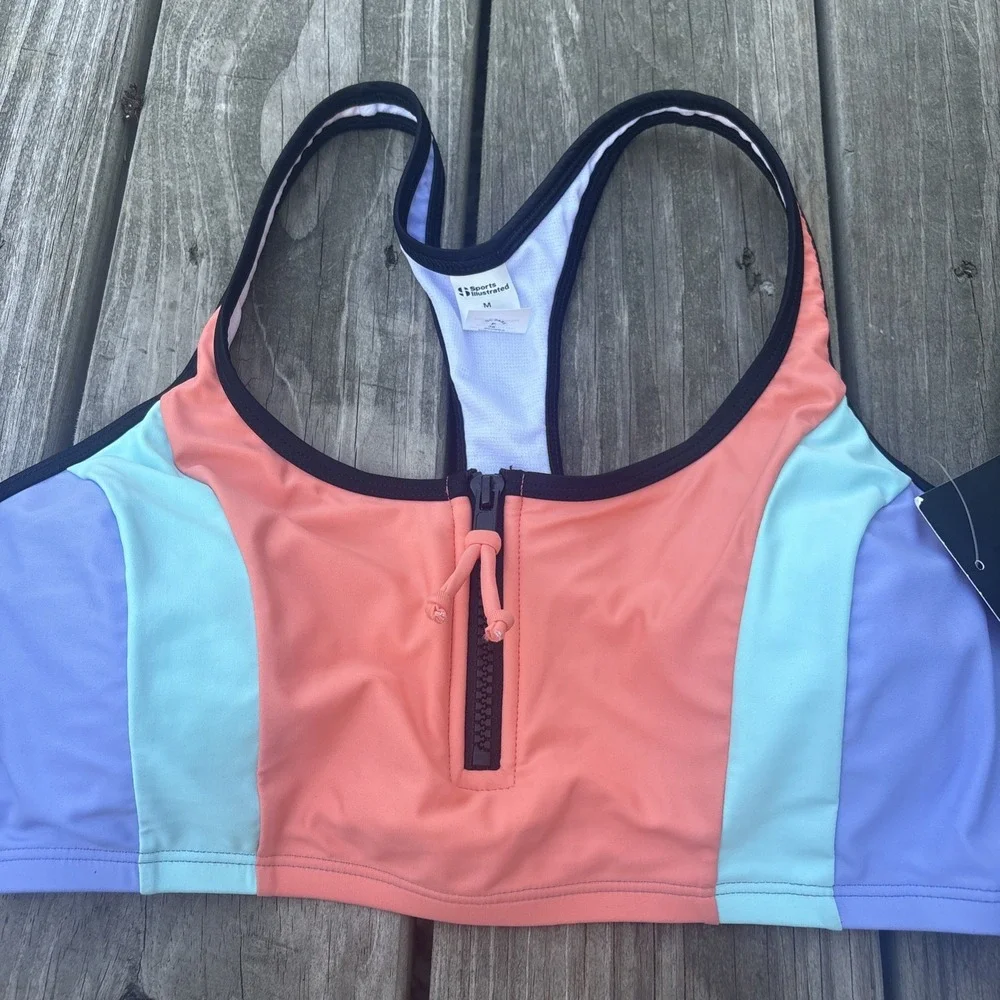 NWT Sports Illustrated Women's Athletic Bikini Top Zipper Removable Pads Size M